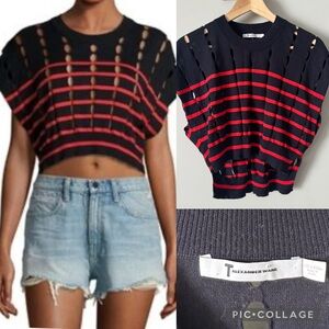 T by Alexander Wang Black Red Striped Cut-Out Knit Tee XS